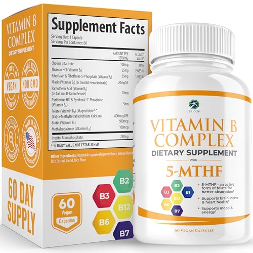 1 Body Vitamin B Complex – Methylated 5-MTHF Folate with B1, B2, B5, B6, Methyl B12, Niacin, Biotin – Wide Range of Benefits for Stress, Heart Health, Nervous System Support, & Brain Support