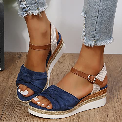 Dheva-C Orthopedic Wedge Sandals For Women Open Toe Ankle Strap Platform Sandals Casual Strappy Low Wedges Sandals Zipper Summer Beach Sandals Dress Shoes Comfortable Outdoor Shoes (Blue-3, 8.5) #TOP8