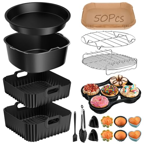 Accessoires Air Fryer pour COSORI Turbo Tower Pro 10,8 L Double Stack - 18 Pcs Accessoires Incluant 2 Moule Silicone Air Fryer Sur Mesure (6,5L+4,3L), Grille Racks, Une plaque à pizza, moule à donuts