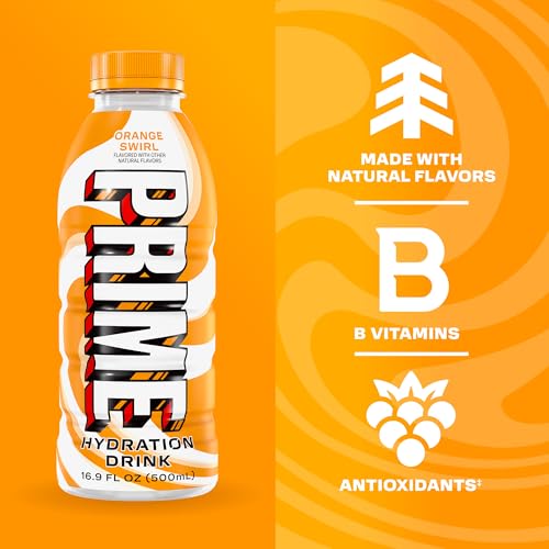 Image of PRIME Hydration ORANGE SWIRL, Sugar Free Sports Drinks, Electrolyte Enhanced to Replenish Fluids, B Vitamins, Antioxidants, Made with Natural Flavors, 16.9 Fl Oz 12 Pack