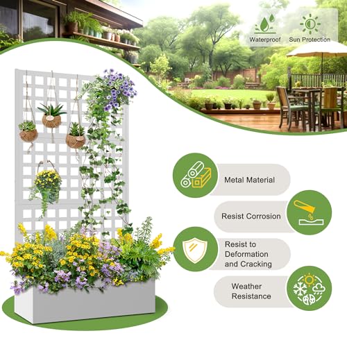 FENCY Outdoor Privacy Screen with Planter Box, Metal Trellis, 71" H, White - image 7