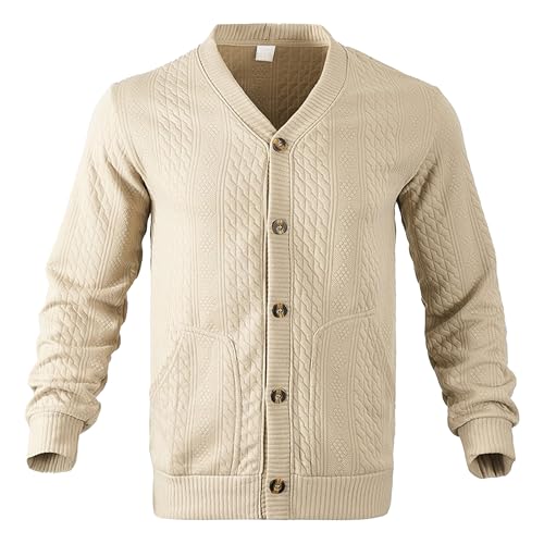 DGHM-JLMY Men's V Neck Casual Button Down Sweaters Cable Knit Jacquard Cardigan Jacket Fall Winter Outwear with Pockets