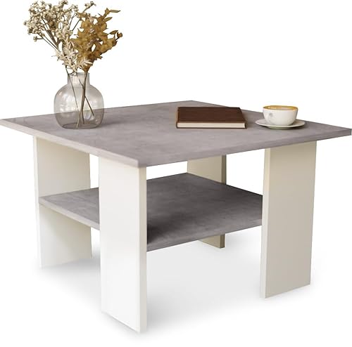MeblePitus Couchtisch ST1 Beton/Weiß – Moderner Wohnzimmertisch 60x60x45 cm – Quadratisch, stabil & praktisch mit Ablage – Kompakter Sofatisch in Betonoptik, robust & pflegeleicht