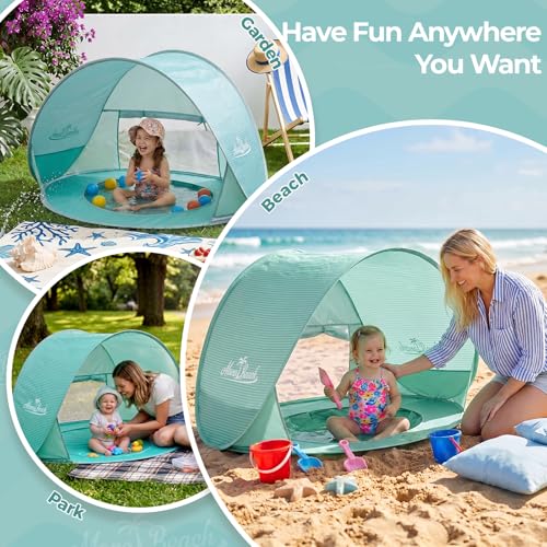 Image of Monobeach Baby Beach Tent with Pool: Green Pop Up Sun Shade Tent for Toddler, UV Protection Portable Outdoor Shelter, Foldable Camping Canopy for Beach, Backyard & Travel