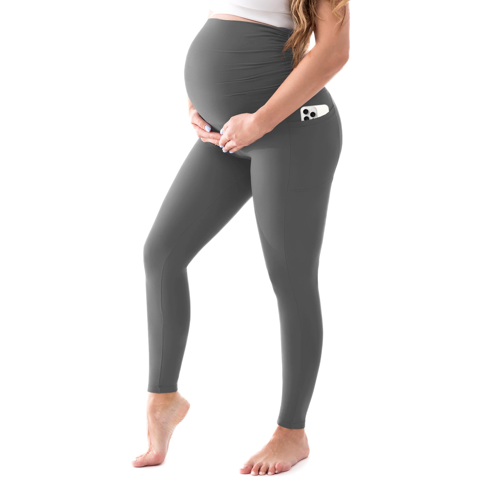 Walifrey Women's Maternity Leggings with Pockets，High Waist Opaque Comfortable Pregnancy Black Leggings