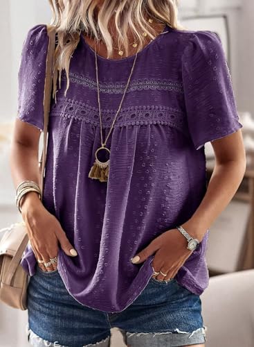 Image of Falechay Womens Summer Tops Crewneck Short Sleeve Shirts Casual Chiffon Blouses Flowy Lace Hem Boho Clothing Trendy 2026