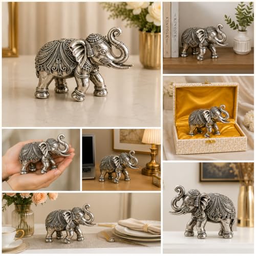 Image of KYAT Pure 999 Fine Silver Kamdhenu Cow with Calf Idol Elephant Pair (Elephant Pair 1-3'')