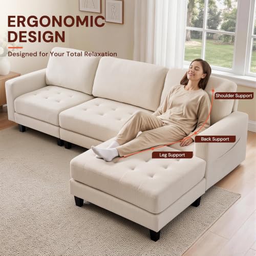 Korser 103" Modular L Shaped Sectional Sofa with Movable Ottoman, 4-Seat Chenille Deep Seat Sofa, Convertible Cloud Couch for Living Room, Bedroom and Apartment, Beige - Image 5