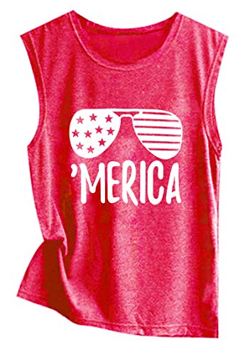 American Flag Tank Tops Women Sunglass Graphic Tees Shirts Casual Sleeveless 4Th Of July Shirt Tops(Red, Large) #TOP3