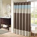 Madison Park Amherst Bathroom Shower Curtain Faux Silk Pieced Striped Modern Microfiber Bath Curtains, 72x72" Inches, Blue