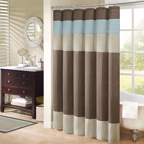Image of Madison Park Amherst Bathroom Shower Curtain Faux Silk Pieced Striped Modern Microfiber Bath Curtains, 72x84 Inches, Blue