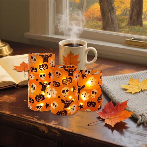Image of Halloween Flameless Candles with String Lights - Set of 3 Ghost Battery Operated Candle Flickering Floral LED Pillar Candles with Timer Remote for Home Decor Romantic Ambiance