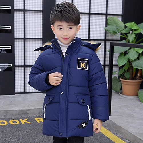 linboo Winterjacke Jungen Kinder Jacke mit Abnehmbare Fellkapuze Dicke Steppjacke Gefüttert Warme Parka Outdoor Winddicht Wintermantel, Blau, 128(Herstellergröße: 130