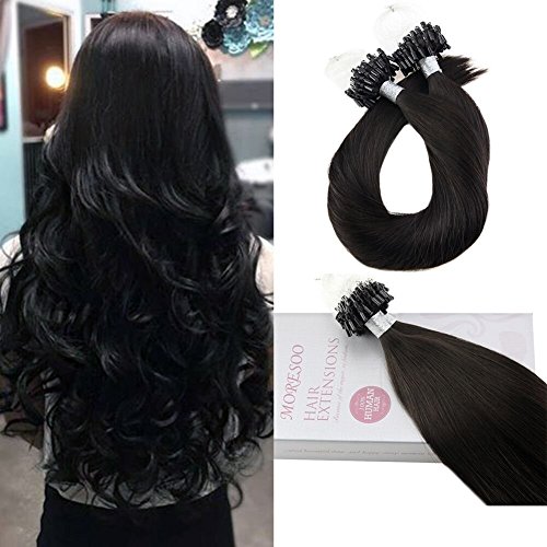 Moresoo 16 Inch Off Black Micro Loop Hair Extensions Human Hair Extensions Micro Link Hair Extensions Color #1B Straight Real Human Hair 50 Strands 50g Per Pack
