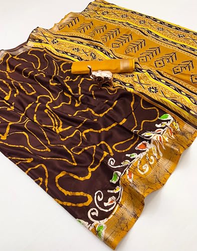 Image of Kalamkari Floral Prints Dola Silk Saree With Rich Zari Border Designer Pallu Attach Blouse Piece