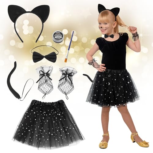 Festicy Katzenkostüm Kinder Set I Fasching Kostüm Set mit Haarreif, Halsband, Handschuhen, Schminke und Pinsel I Katzenkostüm Kinder Mädchen und Katze Kostüm Damen Set für Karneval und Fasching
