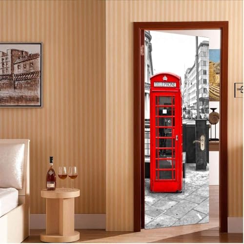 TACOKI Sticker Porte Londres, Stickers Porte Trompe L'oeil Cabine Téléphonique Rouge Autocollant Poster Auto-Adhésif Art Décor Pour Chambre Salon Salle de Bain...