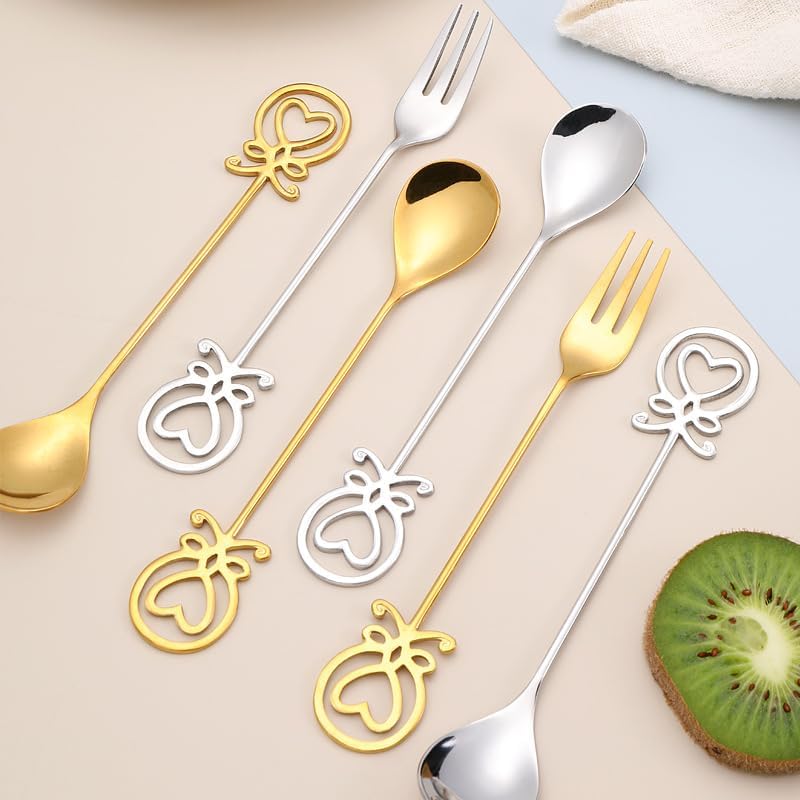Silverware Flatware Set, 1/4/6/8/10/12pcs Creative Octopus Heart-shaped Spoon Set Dessert Spoon Cake Small Spoon 304 Stainless Steel Coffee Spoon(Silver,12Pcs)