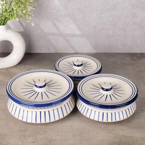 Image of Niyara Premium Ceramic Casserole /Donga Set with Lids - Handcrafted Serving Bowls for Hot Food, Microwave & Dishwasher Safe - Set of 3, Sizes: 1000ML, 650ML, 550ML (Blue line design)