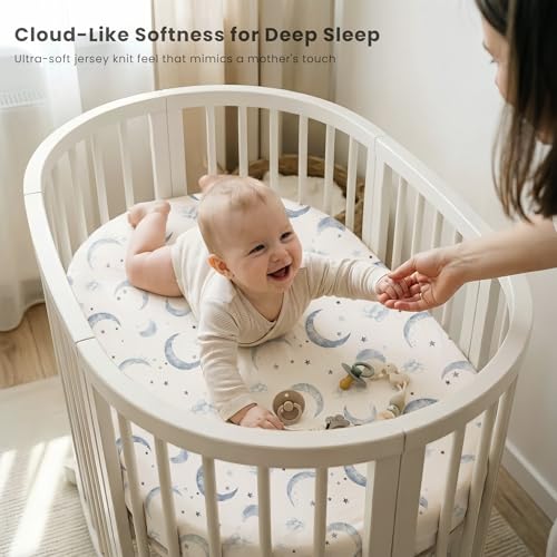 Image of Konssy 3 Pack Stretchy Bassinet Sheets for Baby Girl Boy, Soft Breathable Baby Bassinet Mattress Sheets Fit for Hourglass Oval Cradle, Moses Basket Rectangle Mattress (Blue Moon)