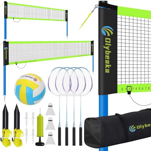 Portable Volleyball & Badminton Combo Net Set for Backyard Beach with 2 Nets (20ft and 32ft) Adjustable Poles PU Volleyball Aluminum Rackets and Carry Bag Quick Setup & Durable (Black)