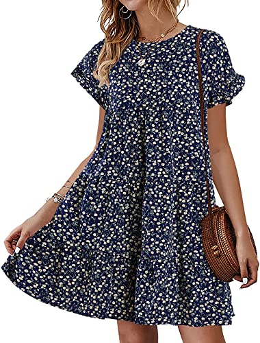 Image of Imysty Womens Boho Floral Ruffle Sleeve Babydoll Loose Flowy Casual Summer Pleated Mini Dress