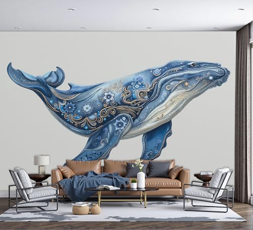 Papier peint panoramique 3D baleines aquarelle soie 300x210 cm - 2