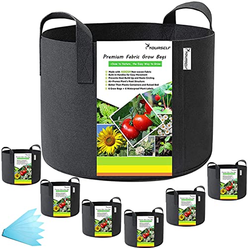 SYOURSELF 6 Pack Grow Bags 5 Gallon Fabric Pots ,Thickened Nonwoven Grow Bag with Handles ,Fabric Pots for Vegetable Flower Tomato Potato Garlic Indoor Outdoor Plants +6 Waterproof Garden Lables