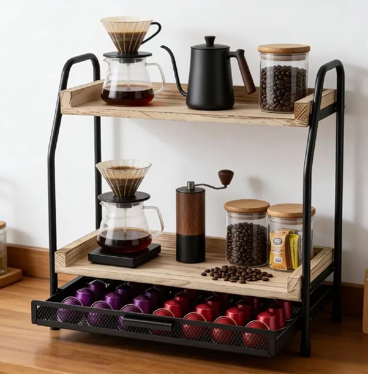 EVERGOODS Coffee Station Organizer with Coffee Pod Drawer, 2-Tier Kitchen Countertop Shelf, Wooden Coffee Bar & Tea Station with Capsule Holder for Nespresso & Dolce Gusto Pods