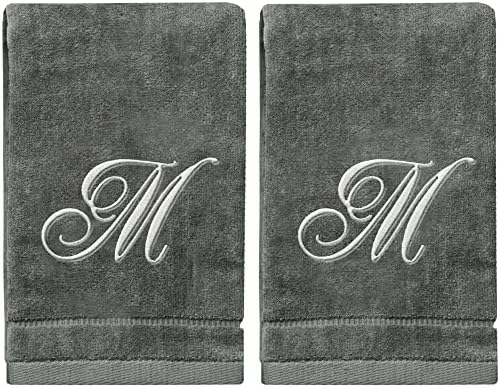 Personalized Initial Fingertip Towels - 2 Pack 11 x 18 Inches - Silver Embroidery On Gray Towel, Modern Monogrammed Towels, Great Initial Gift for Women, Teachers, Friends, Bridesmaids Initial M