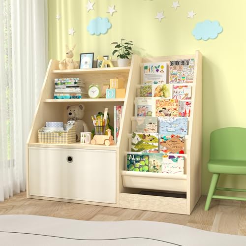Image of TOETOL Kids Bookshelf & Book Storage，6 Sling Wooden Toddler Book Shelf，3-Tier Wooden Open Bookcase & Storage Organizer Boxes for Nursery, Playroom, Bedroom