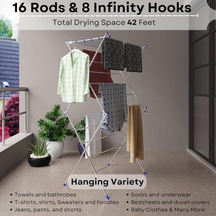 Image of RIOMAX Premium 3 Layer Foldable Clothes Drying Stand with 16 Rods & 8 Additional Hooks, Heavy Duty Stainless Steel Cloth Dryer for Indoor /Outdoor /Balcony Use (Material- SS, Silver & Blue, Pack of 1)
