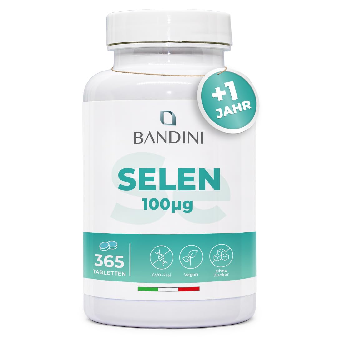 Bandini® Selen 365 Tabletten - 1 Jahr Vorrat - Selenium 100 µg hochdosiert - L- Selenmethionin - Schilddrüsen- und Immununterstützung - 1 Tablette täglich - 100% Vegan - Gluteinfrei, Gentechnikfrei