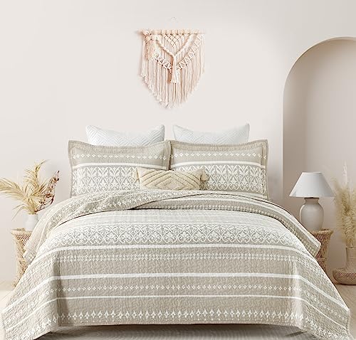 Toldlove Quilts Queen Size - Boho Quilt King 100% Cotton Oatmeal Bedding Set Bohemian Striped Bedspread Lightweight Rversible Comforter Coverlets All Season,Oatmeal/Begie White 3Pcs