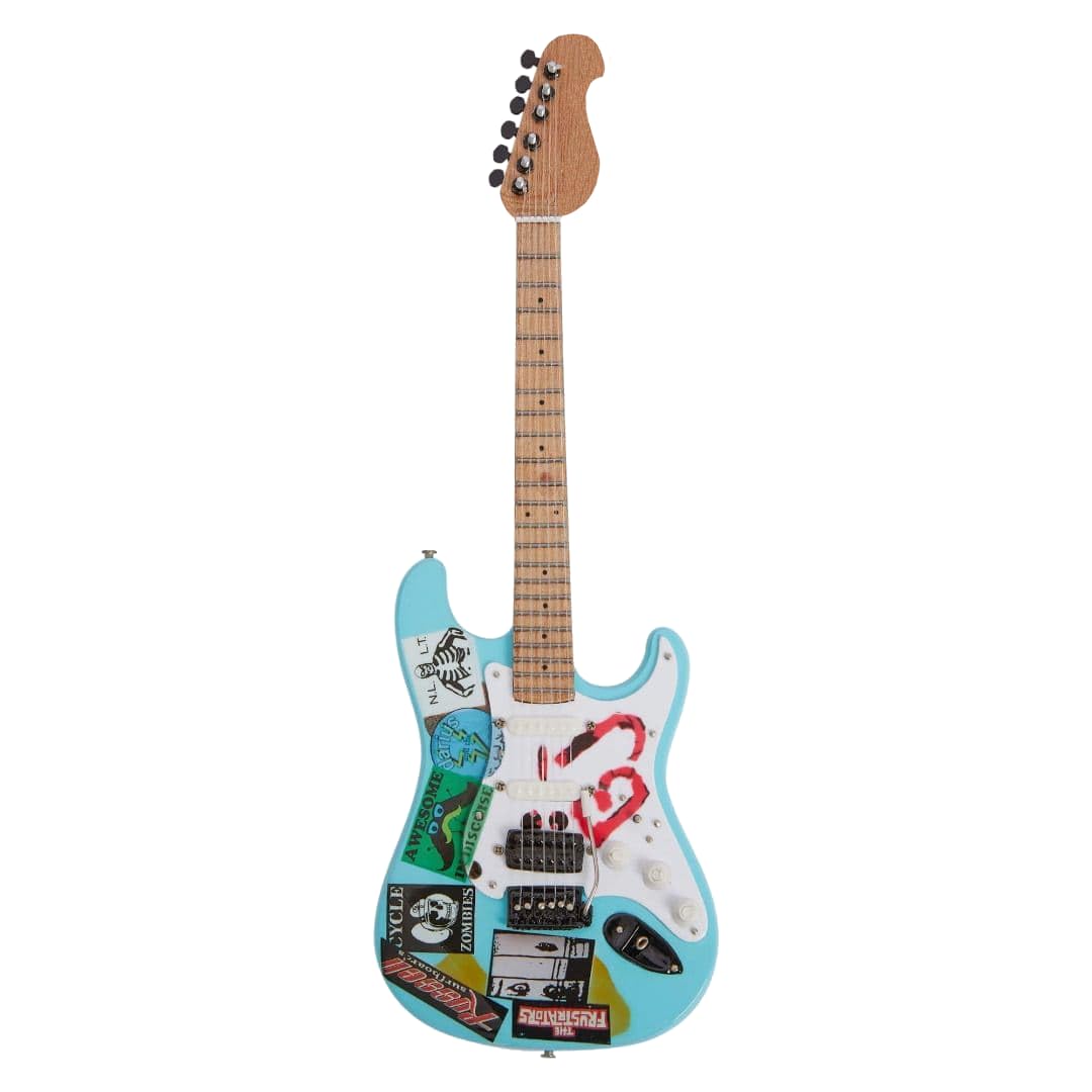 Billie Joe Armstrong – Réplique de guitare miniature – Cadeaux de musique – Ornement fait à la main Échelle 1/4 – Comprend une boîte de présentation, une étiquette de nom et un support de guitare