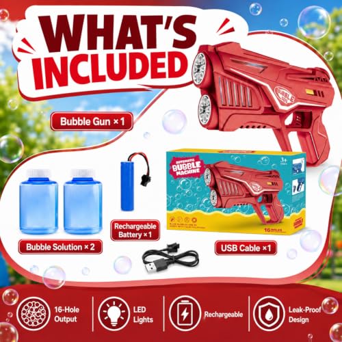 VORBLIX Bubble Gun for Kids 3-8 with LED Lights, Leak-Proof, 16-Hole, Red - image 7
