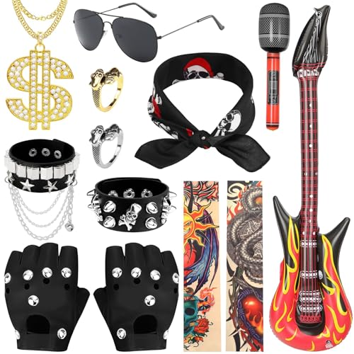 GLGHMH 13 PCS Rock Star Fancy Dress Set 80s Rock Costume with Inflatable Guitar,Microphone,Tattoo Sleeves,Sunglasses,Bandana Punk Accessories for 80s Party,Halloween Rock Theme Events
