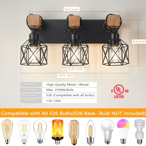 Image of Black Farmhouse Wall Sconce, Rustic Industrial Wood Wall Mount Lamp, Bathroom Vanity Light, Black Vanity Lights & Bathroom Wall Light for Mirror, Restroom Light Fixture Indoor