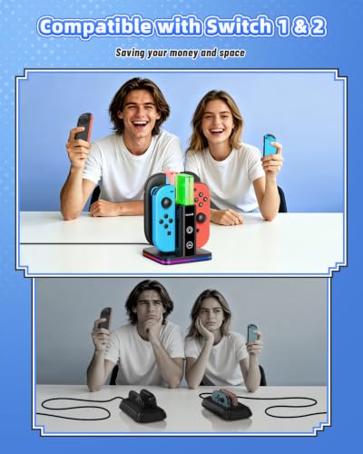Image of FASTSNAIL Switch Controller Charger for Nintendo Switch 2 /1 /OLED for Joycon | 8 in 1 Fast Controller Charging Dock, Dual-Direction Magnetic Charger Station Stand, 9 RGB Light for Joycon 2 /1 Accessories