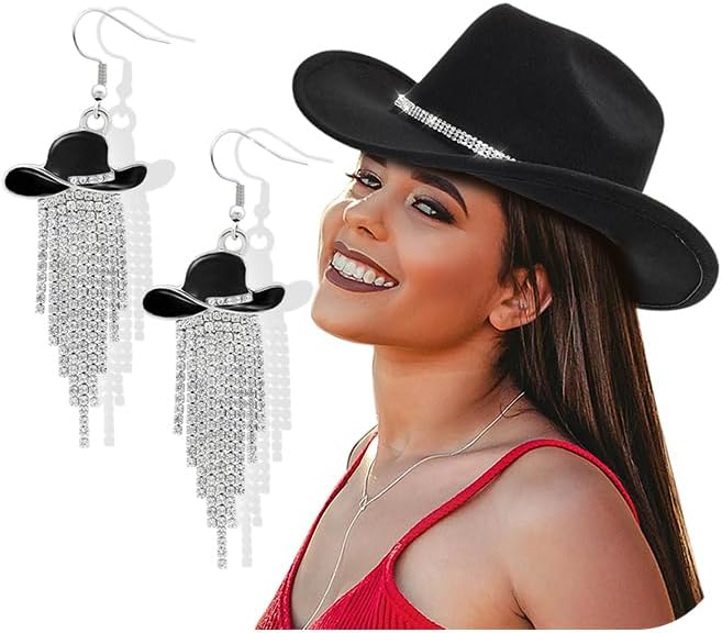 Cowboy Hat Rhinestone Cowgirl Boots Earrings Set Western Earring Felt Fedora Jazz Hat Rodeo Outfit for Women Size M - Image 8