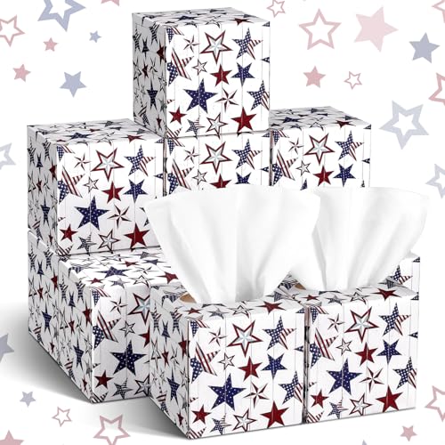Image of Fourluoo 12 Pcs Patriotic Facial Tissues Cube Face Boxes 600 Sheets 3 Ply Red White Blue Square Tissue Bulk for Veterans Day Independence Car Bedroom Supply(Independence Day Star)