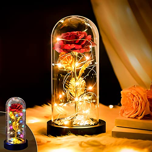 Amasava Rosa Eterna Rosso Artificiale La Bella e Bestia con Luce a Cupola in Vetro a LED a due Modalità e Biglietto di Auguri Fiore Regalo per Confezione Fidanzata, San Valentino,Festa della Mamma