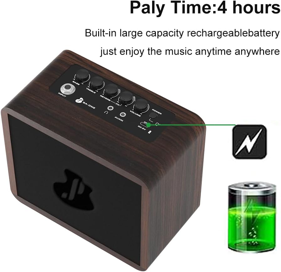 15W Mini Guitar Amp, Portable Acoustic/Electric Guitar Amplifier Rechargeable, Wireless Guitar Practice Amp with Reverb, Chorus & Delay, Supports OTG, AUX, REC, Bass and Treble Control - Image 5