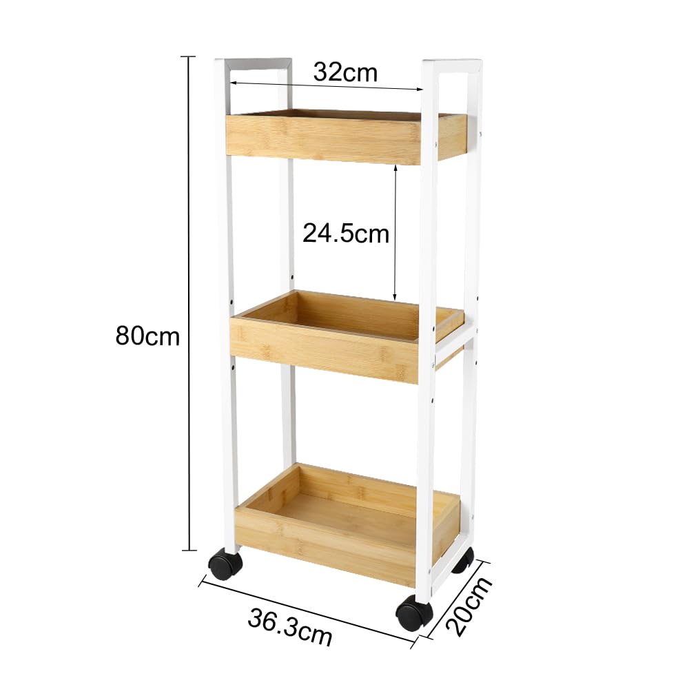 LANTUS Étagère Mince de Salle de Bains, Gain de Place, Bambou, Chariot de Rangement à 3 Niveaux sur roulettes,Étagère Debout 3 paniers dim. 30L x 20l x 80H cm-Blanc