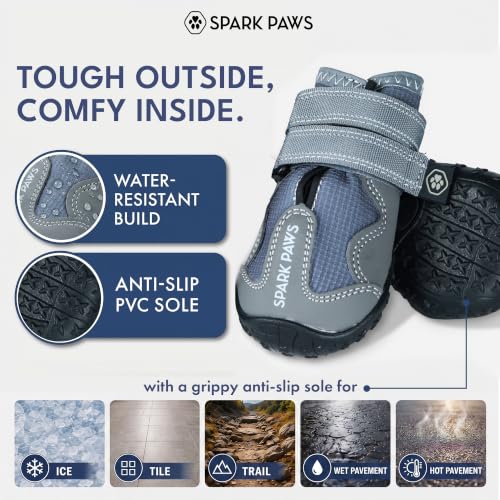 Image of Spark Paws 365 Dog Shoes - All-Weather Paw Protection | Winter Snow Boots & Summer Hot Pavement Booties for Dogs | All-Terrain, Water-Resistant, Grey - Size 1