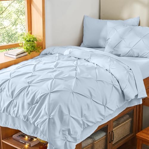 Image of Sasttie Twin Comforter Set, 5-Piece Bed in a Bag, Pintuck Bedding Sets for All Season, Includes Comforter, Flat Sheet, Fitted Sheet, Pillowcase and Pillowsham, Light Blue