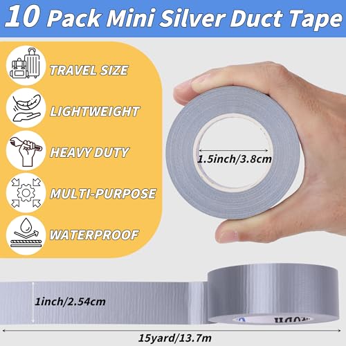 Image of 10 Pack Mini Silver Duct Tape, 1 inch X 150 Yards Travel Size Duct Tape, Pocket Size Heavy Duty Waterproof No Residue Tear by Hand, Multi-Use for Indoor & Outdoor Repairs, travel camping DIY projects