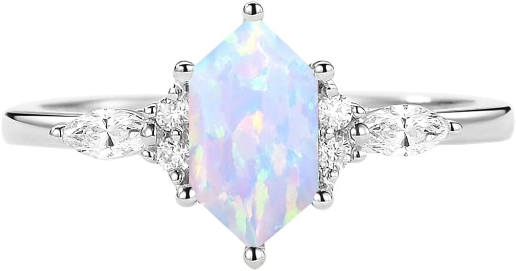 1CT/1.5CT/2CT Opal Engagement Ring - Hexagon Cut Opal Rings White Yellow Rose 10K 14K 18K Solid Gold Sterling Silver Gem Anniversary Promise Ring for Women