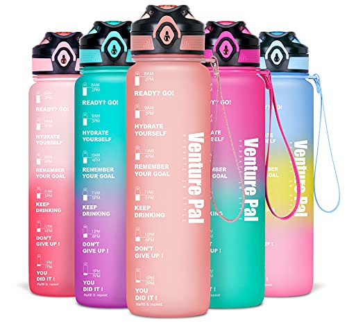 Venture Pal 32oz Motivational Leakproof Fast Flow Trendy Water Bottle with Time Marker & Removable Strainer to Remind You Drink More Water and Hydrate in Style-Frosted Light Pink