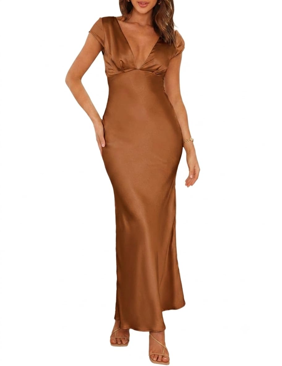 Halfisland Women's Satin V Neck Cap Sleeve Backless Twist Cut Out Dress, Brown, M